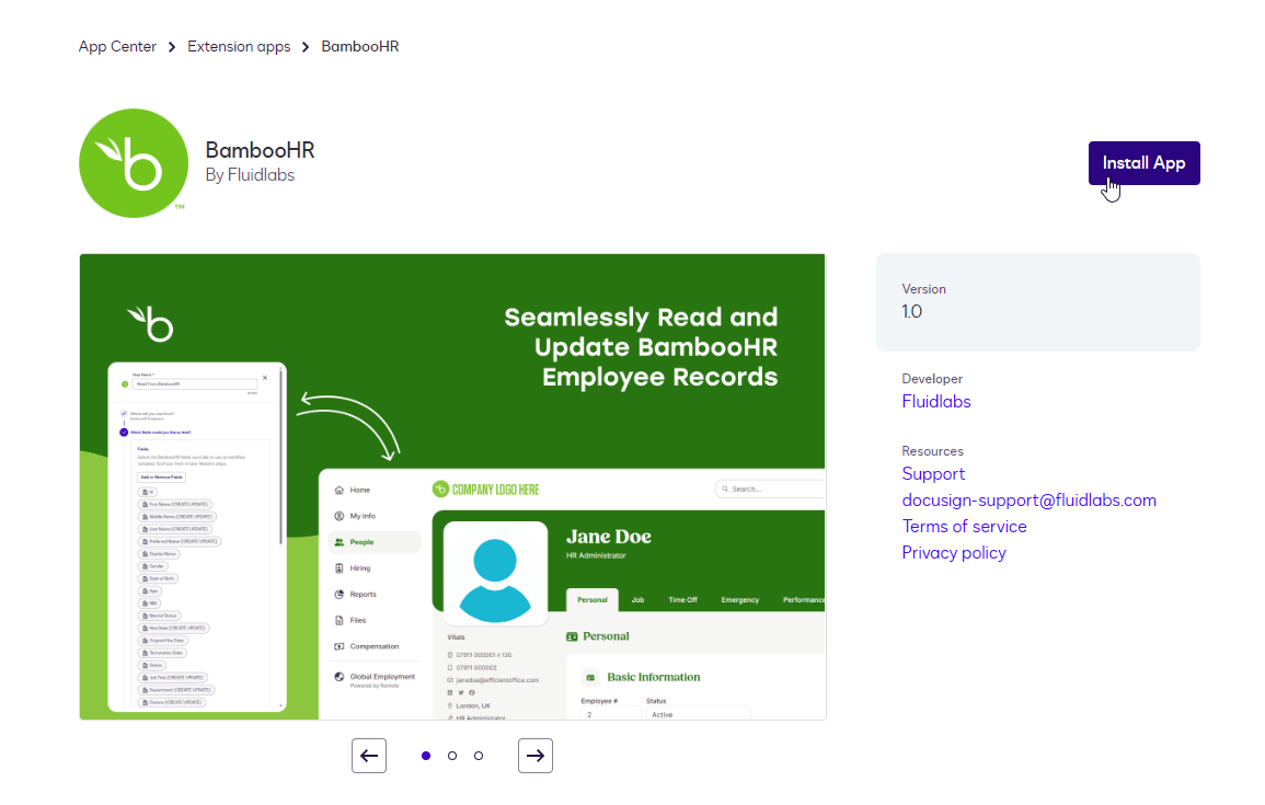 The BambooHR listing on the Docusign App Center, published by Fluidlabs, with the Install App button