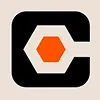 Dark C shape surrounding an orange hexagon on a light background.