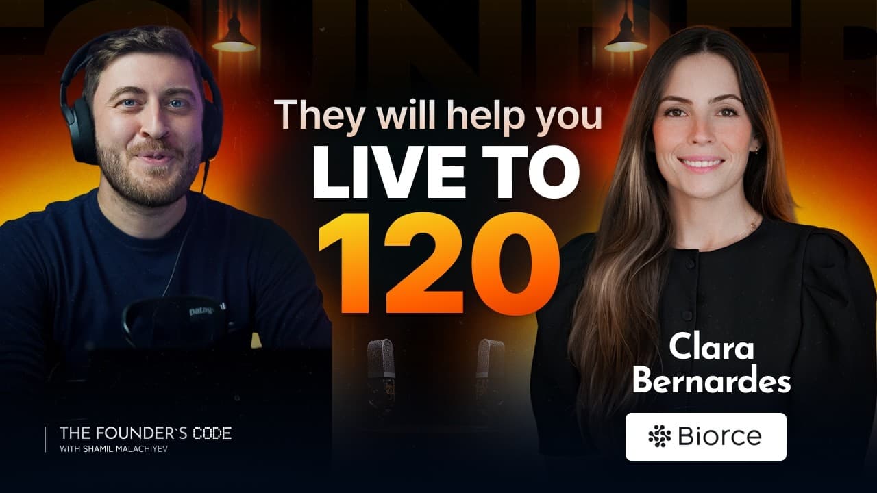 The Founder's Code podcast thumbnail for the Clara Bernardes episode, with Biorce's co-founder and CSO on the co-founder test