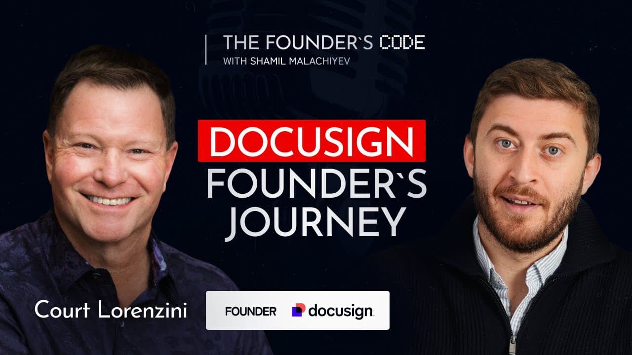 The Founder's Code podcast cover for the Court Lorenzini episode — Shamil Malachiyev and Court Lorenzini, founding CEO of DocuSign, with the DocuSign logo