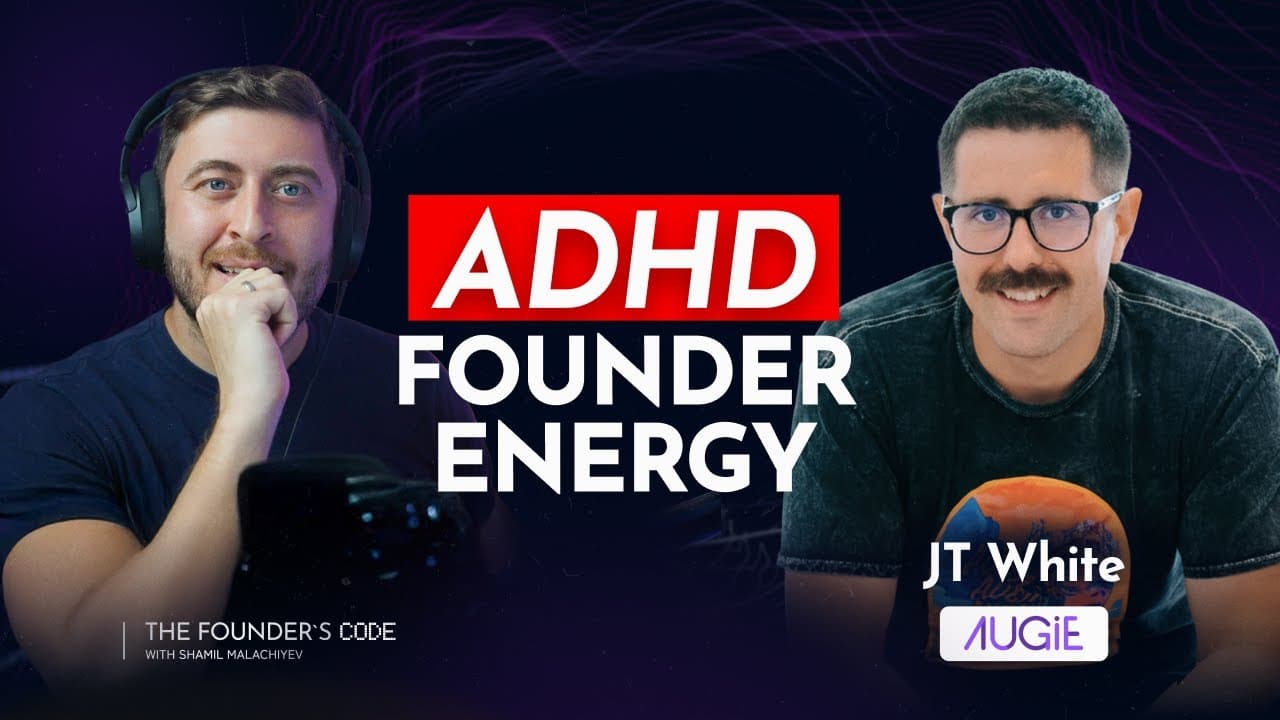 The Founder's Code podcast cover for the JT White episode — JT White, co-founder and chief product officer of Augie Studio, on ambition and a mind that never turns off