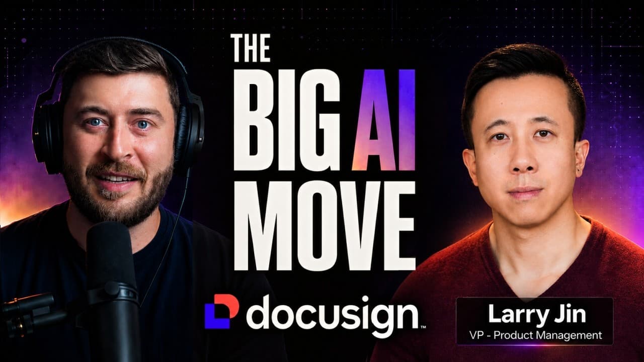 The AI Floor podcast thumbnail for the Larry Jin episode — inside Docusign's AI reinvention with the company's VP of Product