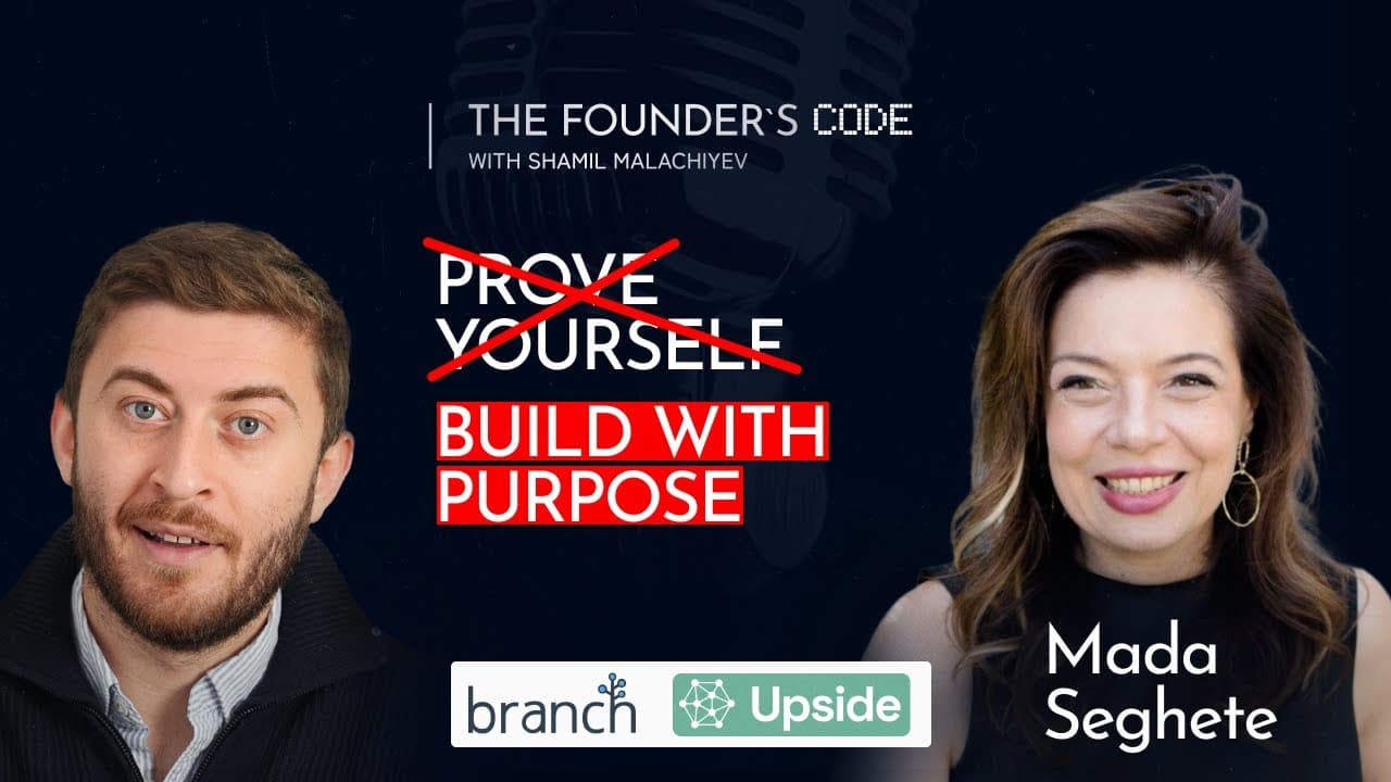 The Founder's Code podcast cover for the Mada Seghete episode — Mada Seghete, co-founder of Upside and Branch, on why founders burn out and how to reignite drive