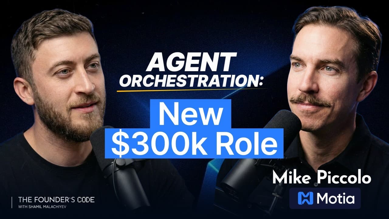 The Founder's Code podcast thumbnail for the Mike Piccolo episode, with the Motia Dev founder on agent orchestration as the new full stack