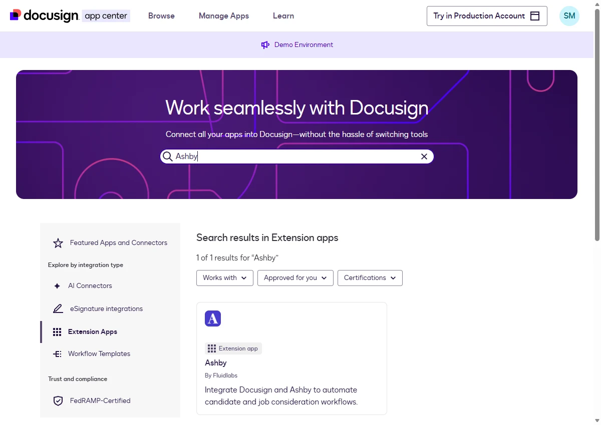 Docusign App Center search results showing the Ashby extension app by Fluidlabs.
