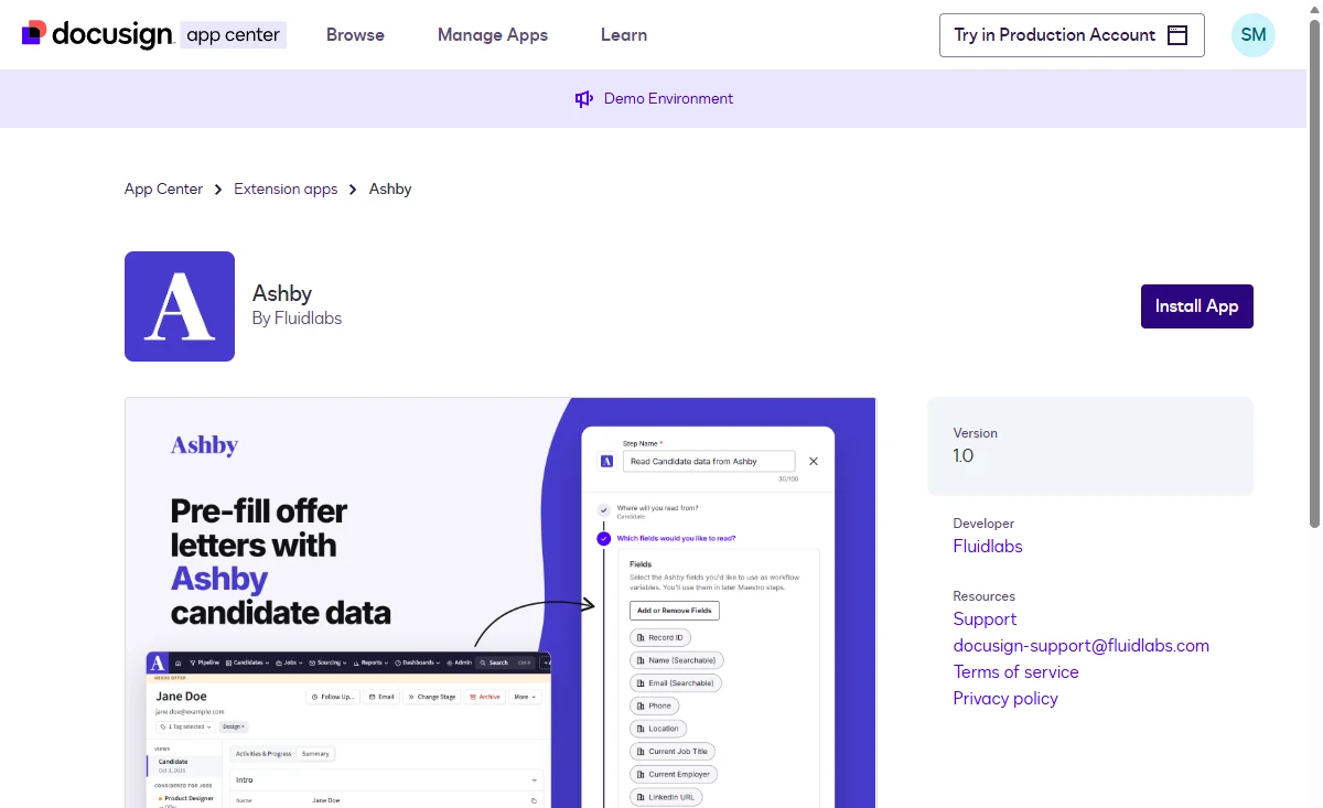 The Ashby app page in the Docusign App Center with the Install App button.