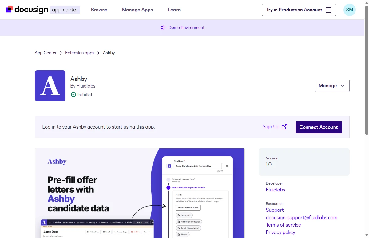 The installed Ashby app page showing the Connect Account button.