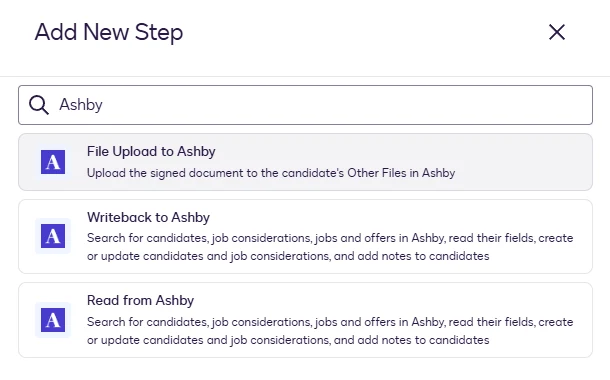 The Add New Step dialog with File Upload to Ashby highlighted.