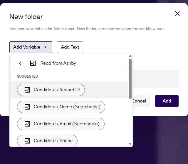 The variable picker with Record ID selected from the Read from Ashby step.