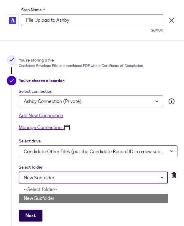 The Select folder dropdown open with the New Subfolder option.