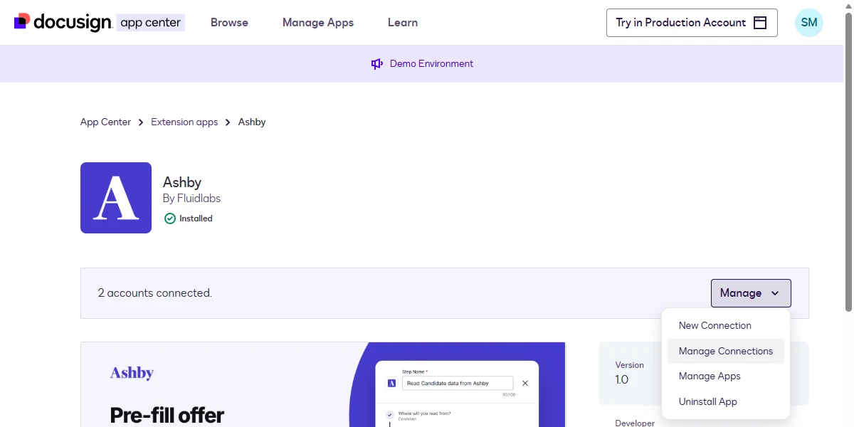 The Manage dropdown on the Ashby app page showing New Connection, Manage Connections, and Manage Apps.