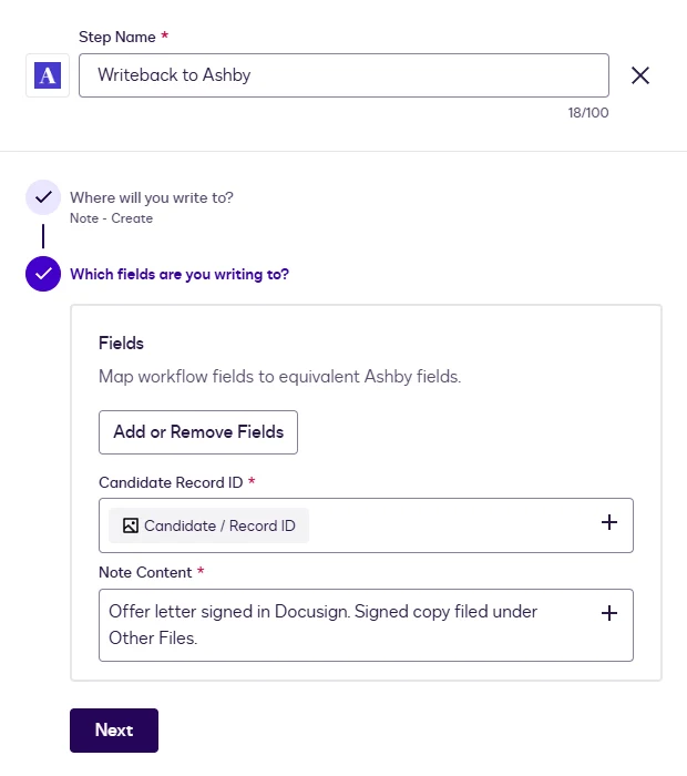 The Note fields: Candidate Record ID mapped to the Read step's Record ID, and Note Content.