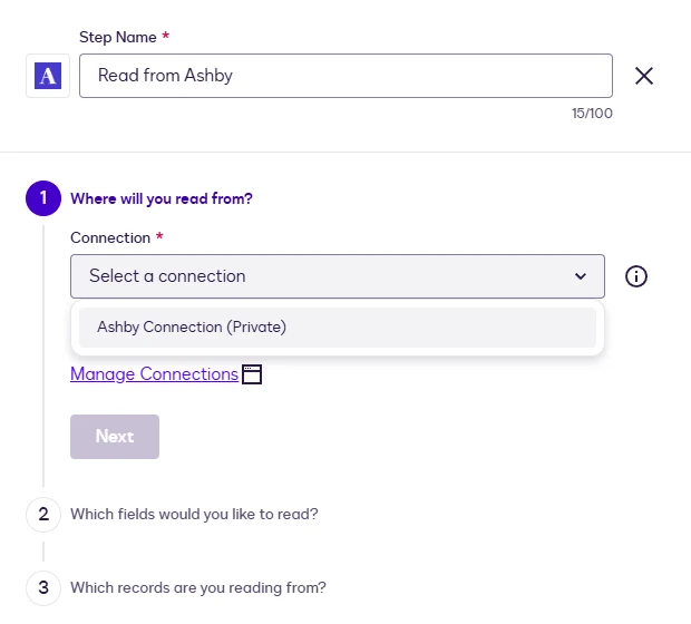 The Read step Connection dropdown showing the Ashby connection.