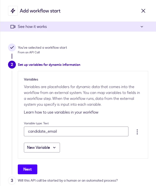 The Add workflow start panel: From an API Call with a Text variable named candidate_email.
