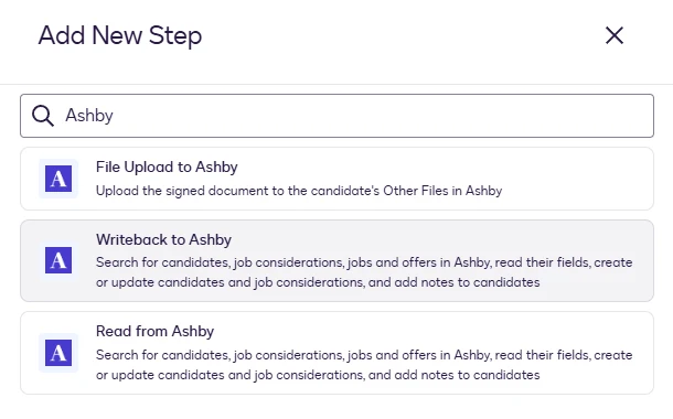 The Add New Step dialog with Writeback to Ashby highlighted.