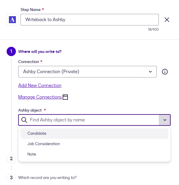 The Ashby object dropdown for the Writeback step showing Candidate, Job Consideration and Note.