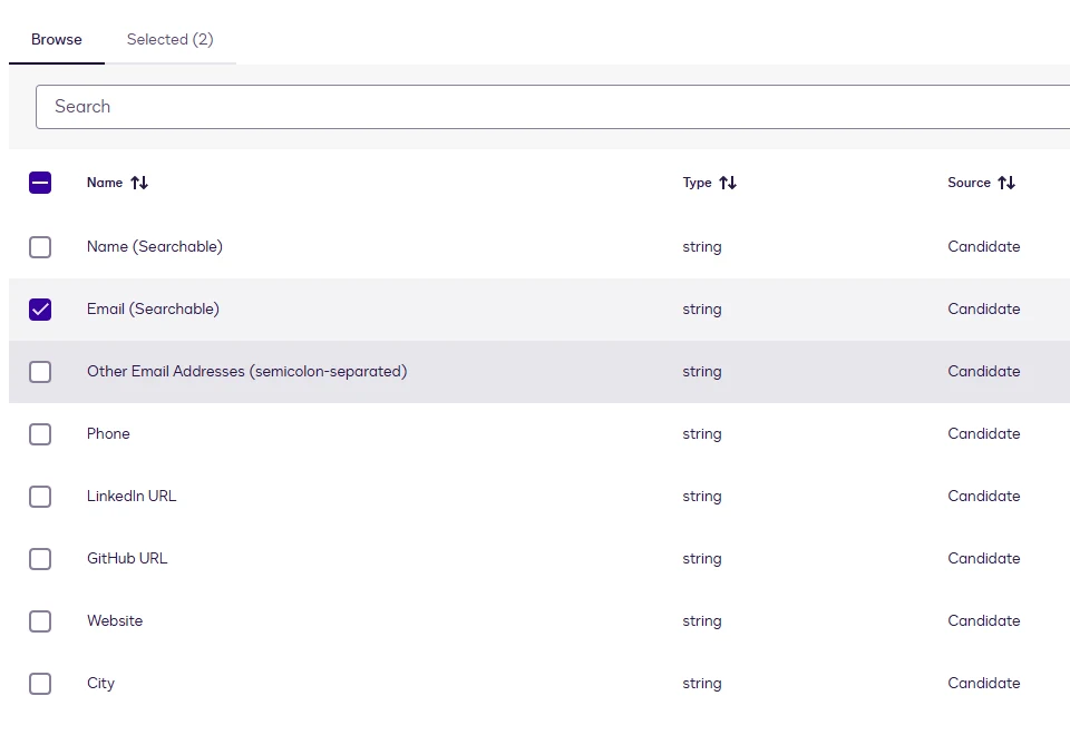 The field browser listing the writable Candidate fields with checkboxes.
