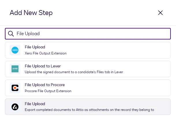 The Add New Step dialog with "File Upload" searched and the Attio File Upload step highlighted.
