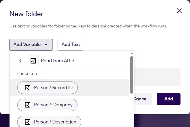 The variable picker listing the fields of the Read from Attio step, with Person / Record ID highlighted.