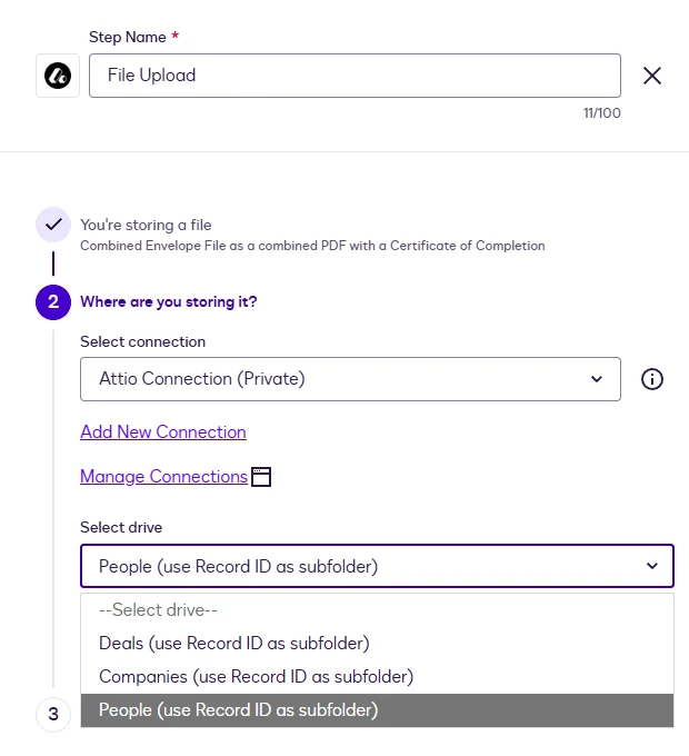 The Select drive dropdown listing Deals, Companies and People, each marked use Record ID as subfolder.
