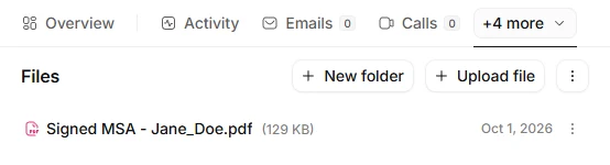 The Files tab of the person in Attio listing Signed MSA - Jane_Doe.pdf.