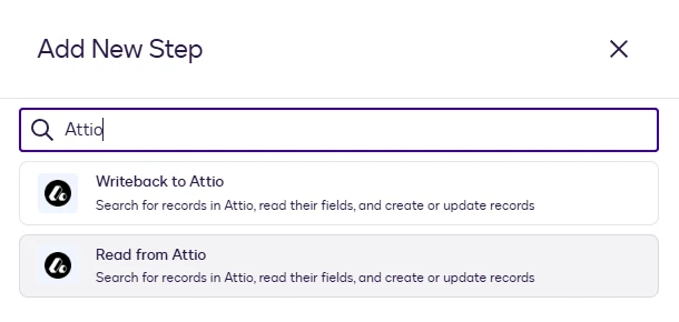 The Add New Step dialog with Read from Attio highlighted.