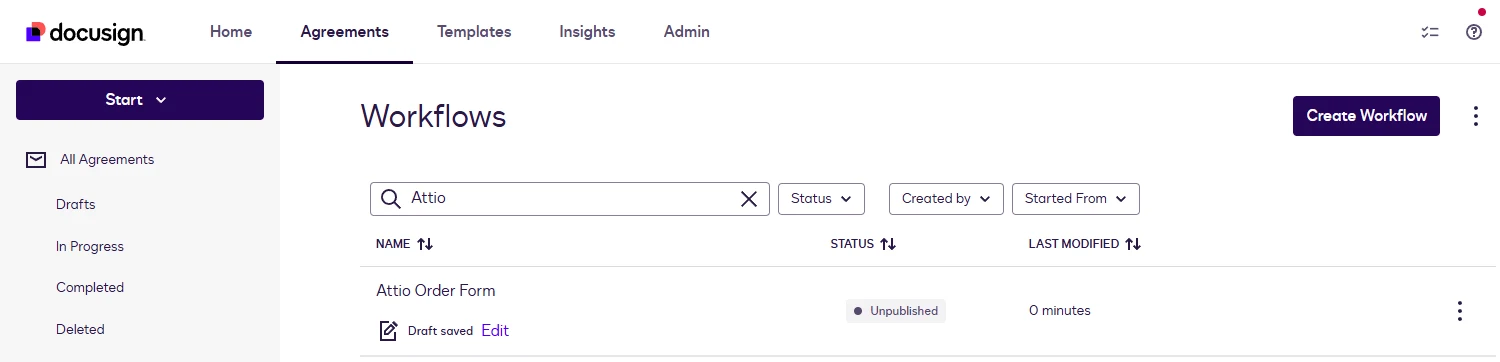 The Docusign Workflows screen with the Create Workflow button.