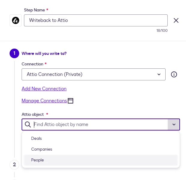 The Attio object dropdown for the Writeback step.
