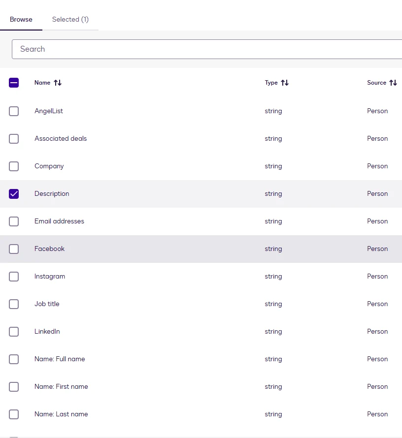The field browser listing the writable People fields with checkboxes.