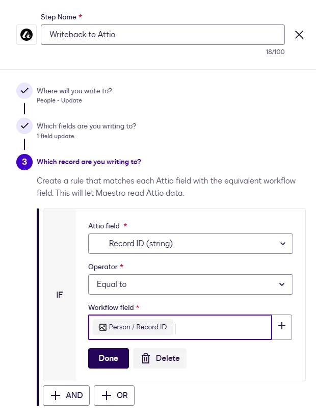 The record-matching rule for Writeback: Record ID equals Person / Record ID from the Read step.