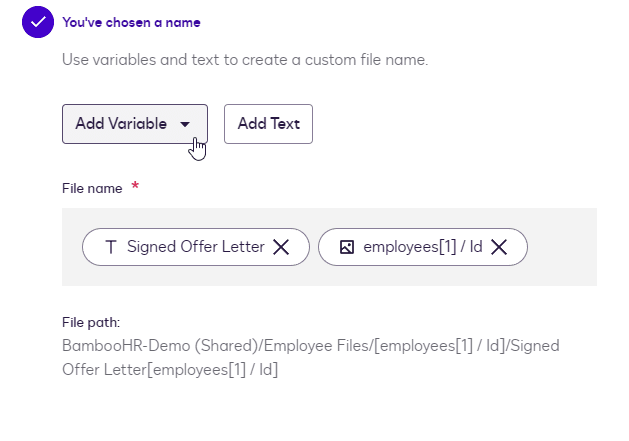 User interface for creating a custom file name using variables like 'Signed Offer Letter'.