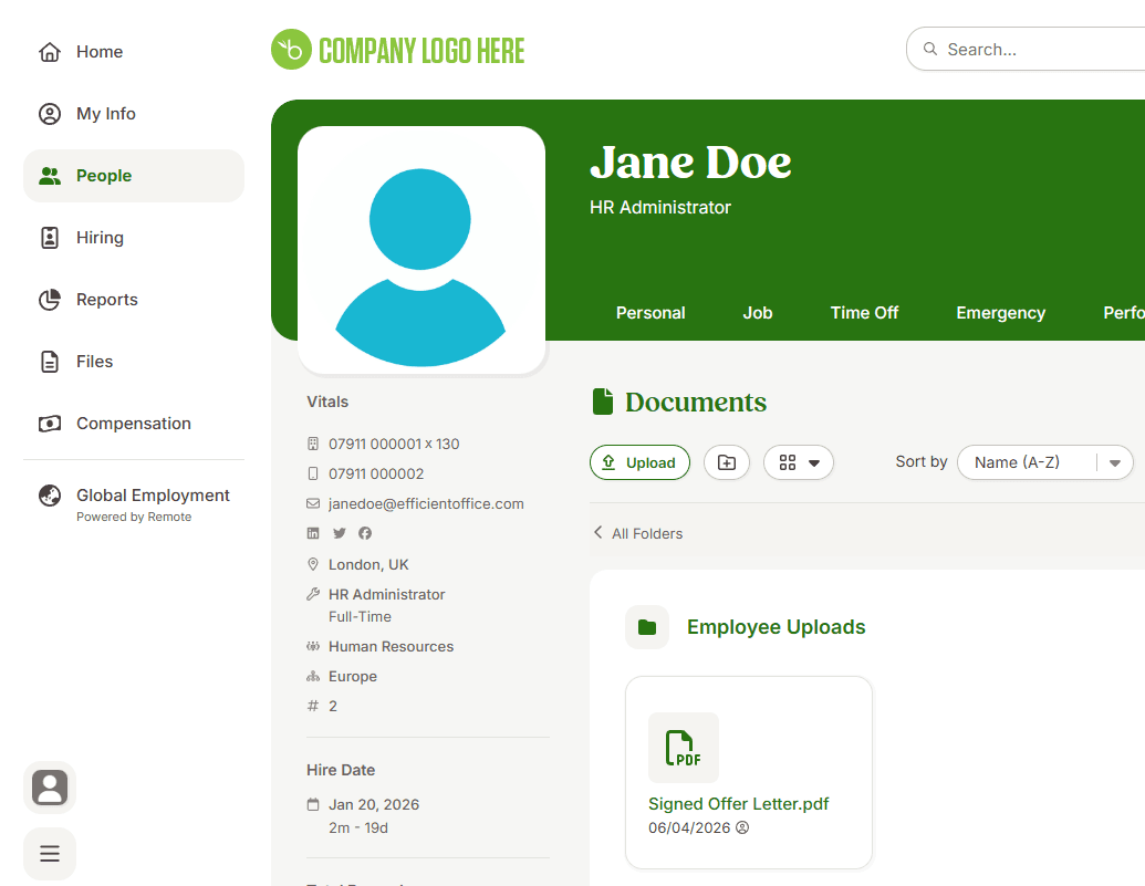 HR software interface displaying Jane Doe's employee profile with documents and personal information.