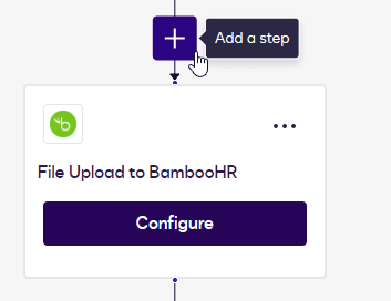 Cursor pointing to 'Add a step' button above a 'File Upload to BambooHR' configuration card.