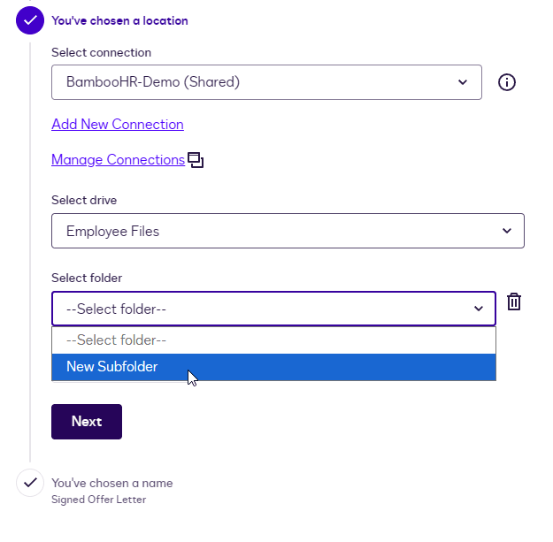 User interface showing selection of a new subfolder in a file management system.