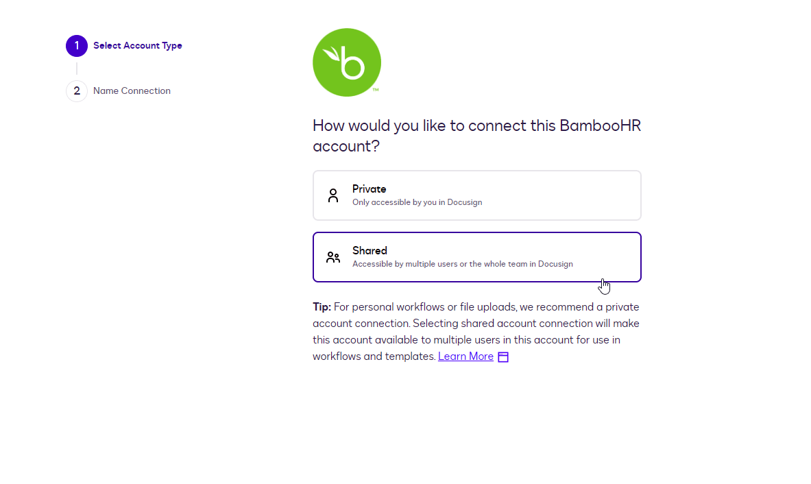 User interface showing selection of 'Shared' account connection type for BambooHR integration.