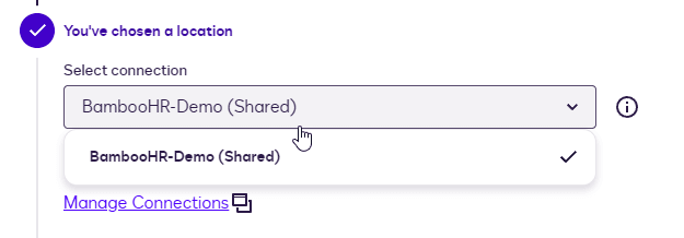 Screenshot showing a 'Select connection' dropdown with 'BambooHR-Demo (Shared)' chosen.