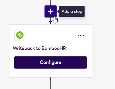 Workflow interface showing 'Writeback to BambooHR' card and 'Add a step' button.