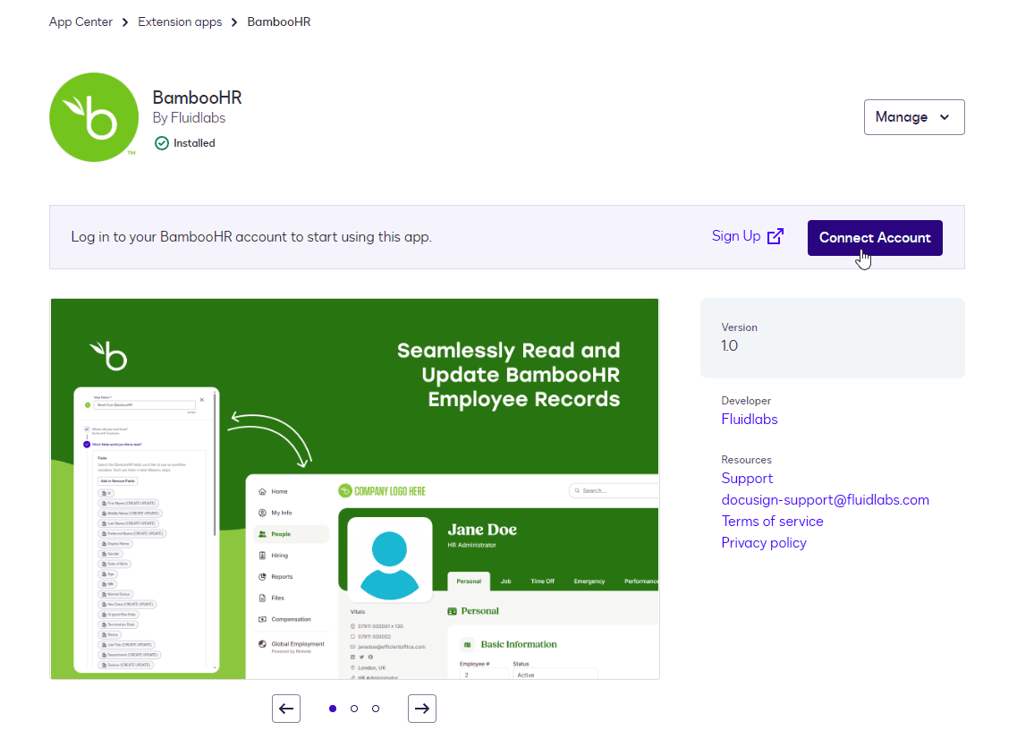 BambooHR app interface showing "Connect Account" button and data flow for employee records.