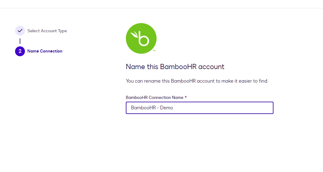 Screen displays BambooHR account connection naming, with 'BambooHR - Demo' entered in the name field.