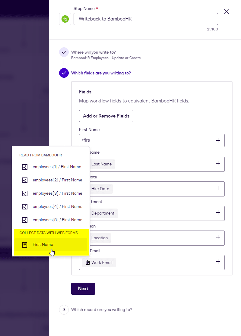 Web form for adding employee details, with a dropdown highlighting 'Company Name'.