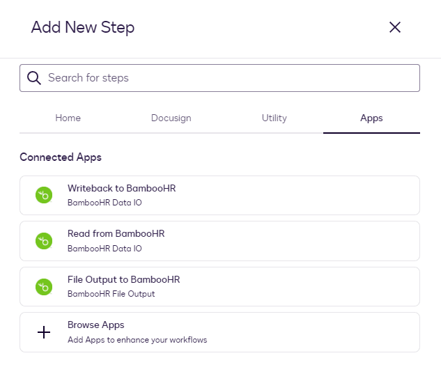 Dialog box 'Add New Step' showing connected apps like BambooHR integration options.