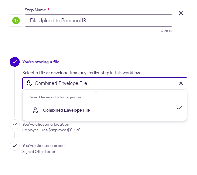 Workflow interface for file upload to BambooHR, configuring shared envelope files for signature.