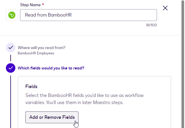 Workflow step for selecting BambooHR fields as variables, with an 'Add or Remove Fields' button.