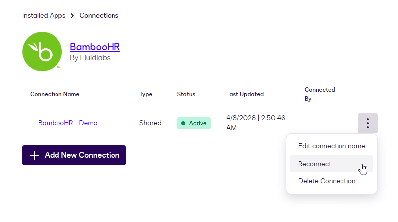 Dropdown menu displaying 'Reconnect' for a 'BambooHR - Demo' connection within an app.