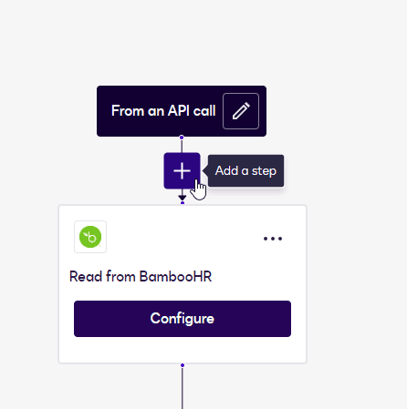 Interface showing an API call step connected to a BambooHR integration card.
