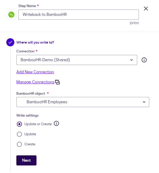 Form for configuring data writeback to BambooHR, showing connection and object settings.