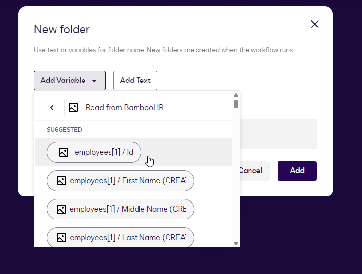 New folder dialog showing suggested variables for folder naming from BambooHR data.