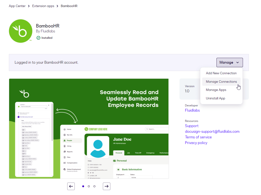 BambooHR app interface showing 'Manage' dropdown menu and employee records update screen.