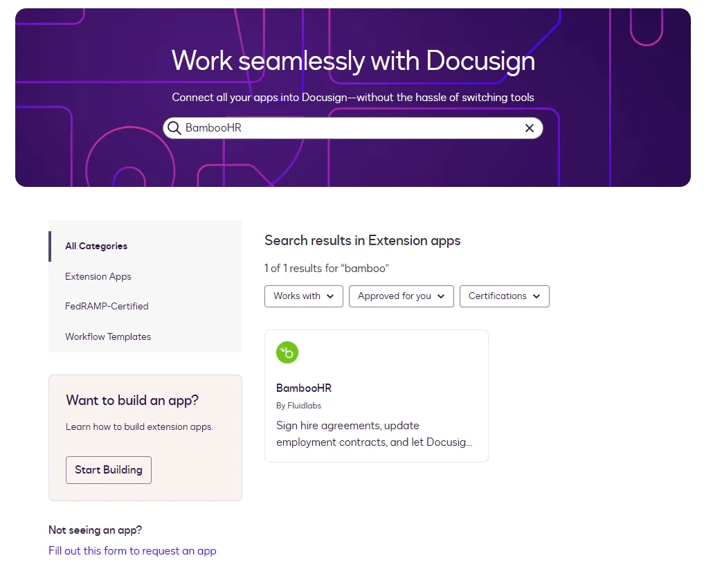 DocuSign marketplace displaying search results for the BambooHR app integration.