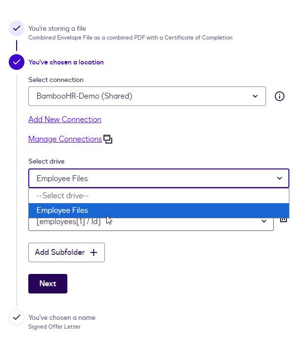 User interface showing file save options, with "Employee Files" selected in the drive dropdown.